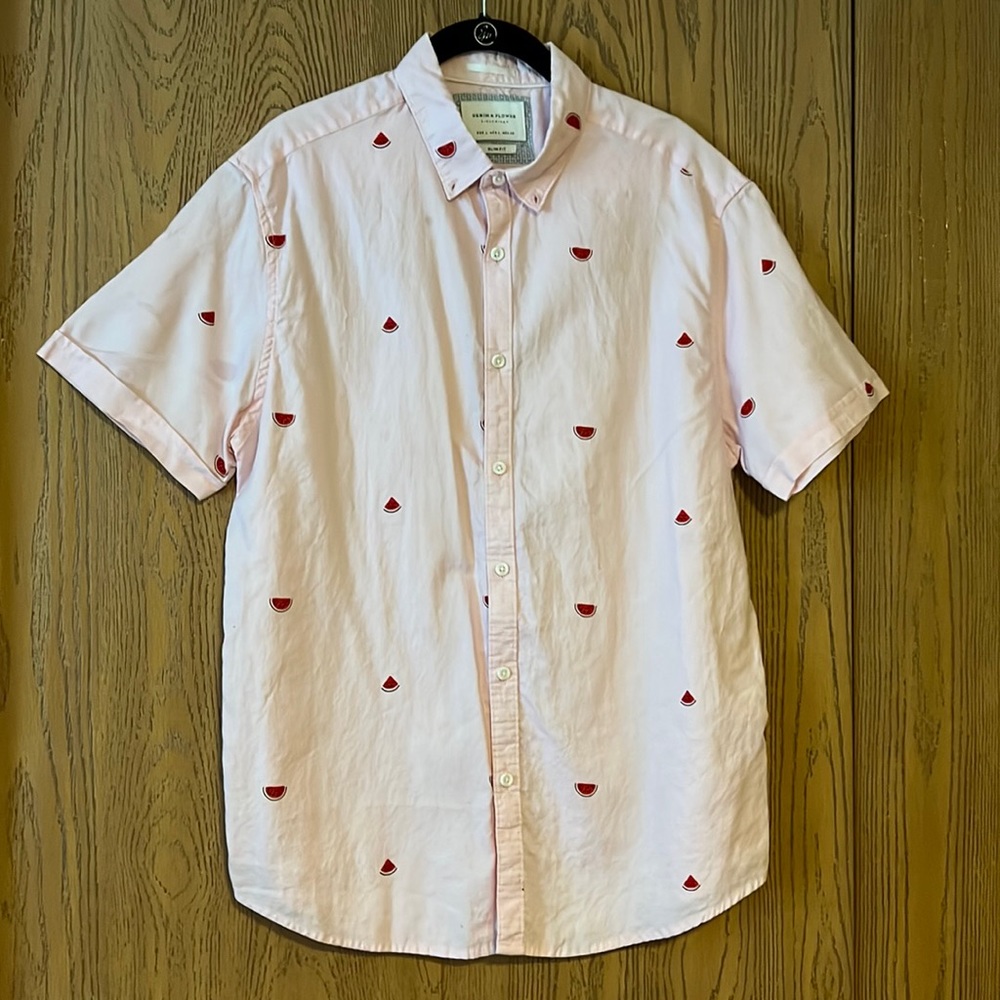men's pink short sleeve shirt with watermelon slices